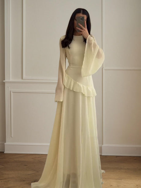 Aurohaya Cinched-Waist Bell‑Sleeve Ruffle Maxi Dress