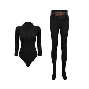Aurohaya Claire Black Ribbed Knit Bodysuit & Trousers Set