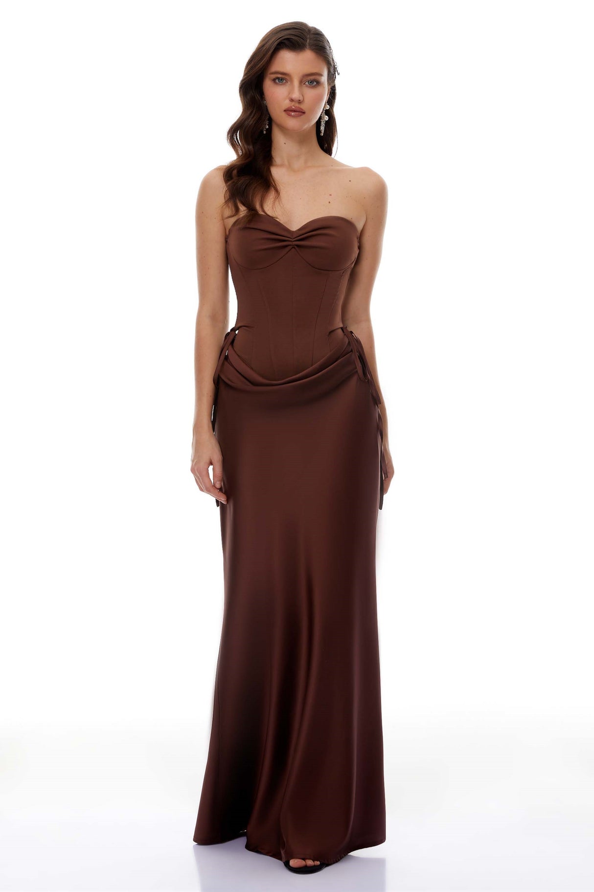 Aurohaya Clara Brown Off-Shoulder Bodysuit & Satin Skirt Set