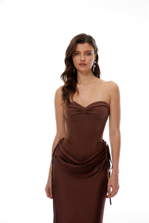 Aurohaya Clara Brown Off-Shoulder Bodysuit & Satin Skirt Set