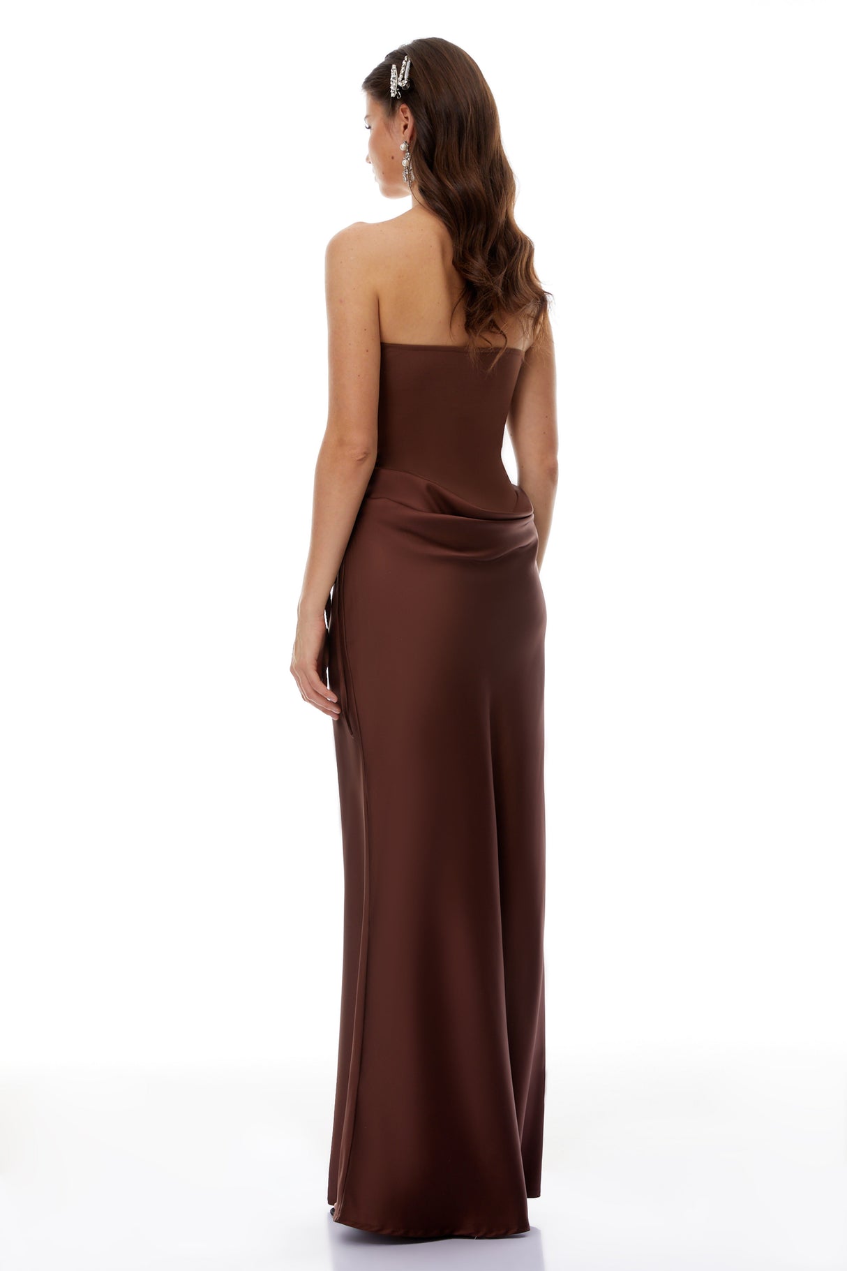 Aurohaya Clara Brown Off-Shoulder Bodysuit & Satin Skirt Set