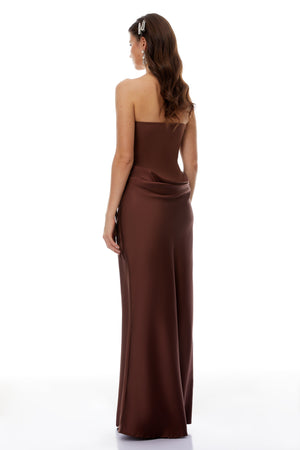Aurohaya Clara Brown Off-Shoulder Bodysuit & Satin Skirt Set