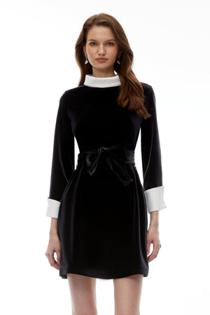 Aurohaya Clementine Black Belted Velvet Mini Dress
