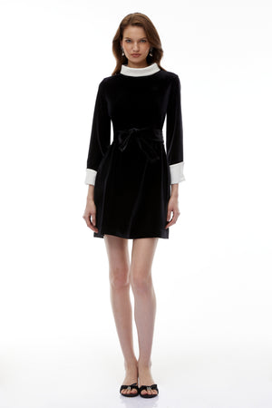 Aurohaya Clementine Black Belted Velvet Mini Dress