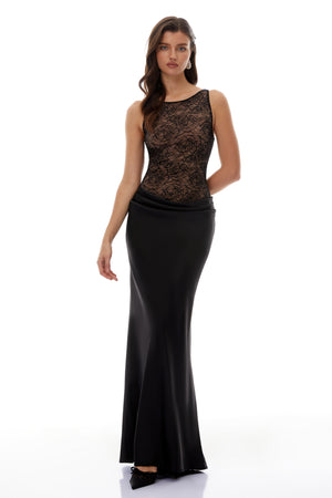 Aurohaya Clementine Black Floral Lace Corset Maxi Dress