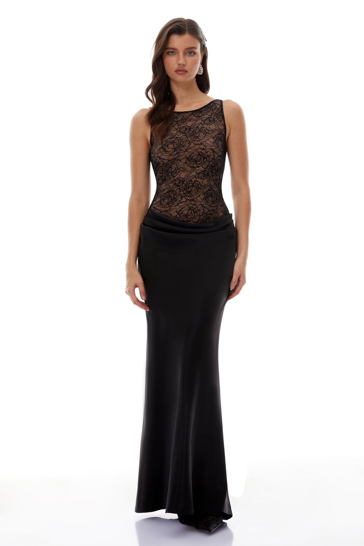 Aurohaya Clementine Black Floral Lace Corset Maxi Dress