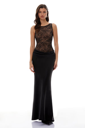 Aurohaya Clementine Black Floral Lace Corset Maxi Dress