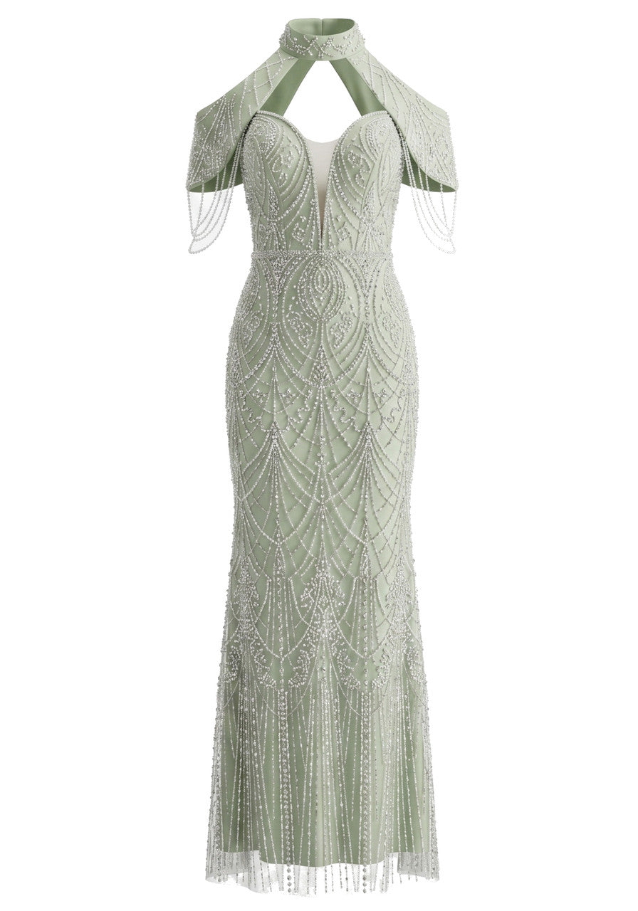 Cold Shoulder Crystal Pearl Maxi Dress Green