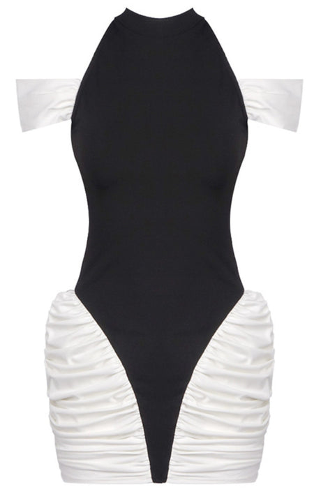Cold Shoulder Ruched Dress Black White