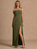 Elegant Off-The-Shoulder Pleated Slit Maxi Dress