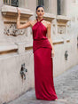 Aurohaya Elegant Low-waist Pleated Waist Satin Maxi Dress Red