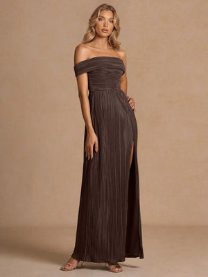 Aurohaya Elegant Off-The-Shoulder Pleated Slit Maxi Dress