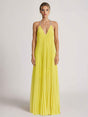 Aurohaya Elegant Pleated V-Neck Backless Chiffon Maxi Dress Yellow