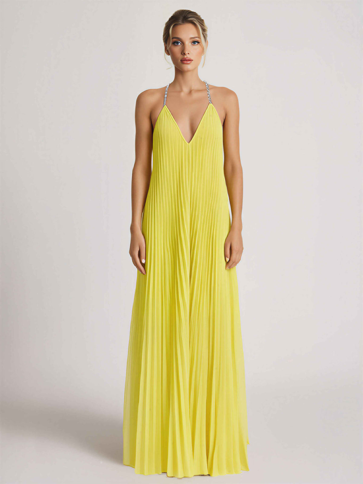 Elegant Pleated V-Neck Backless Chiffon Maxi Dress