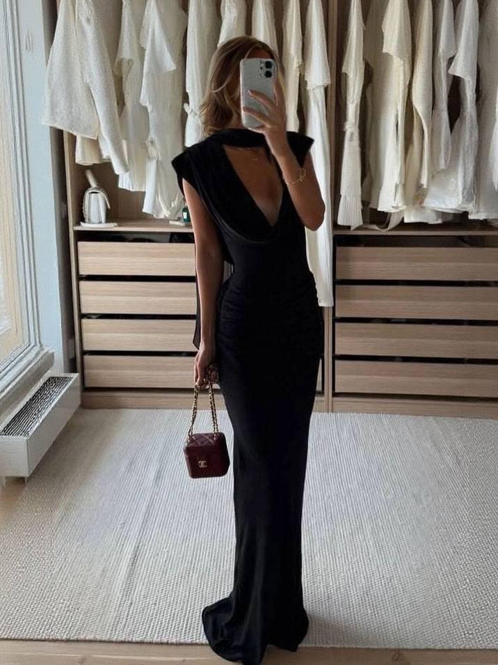 Aurohaya Swing Collar Scarf Pleated Maxi Dress