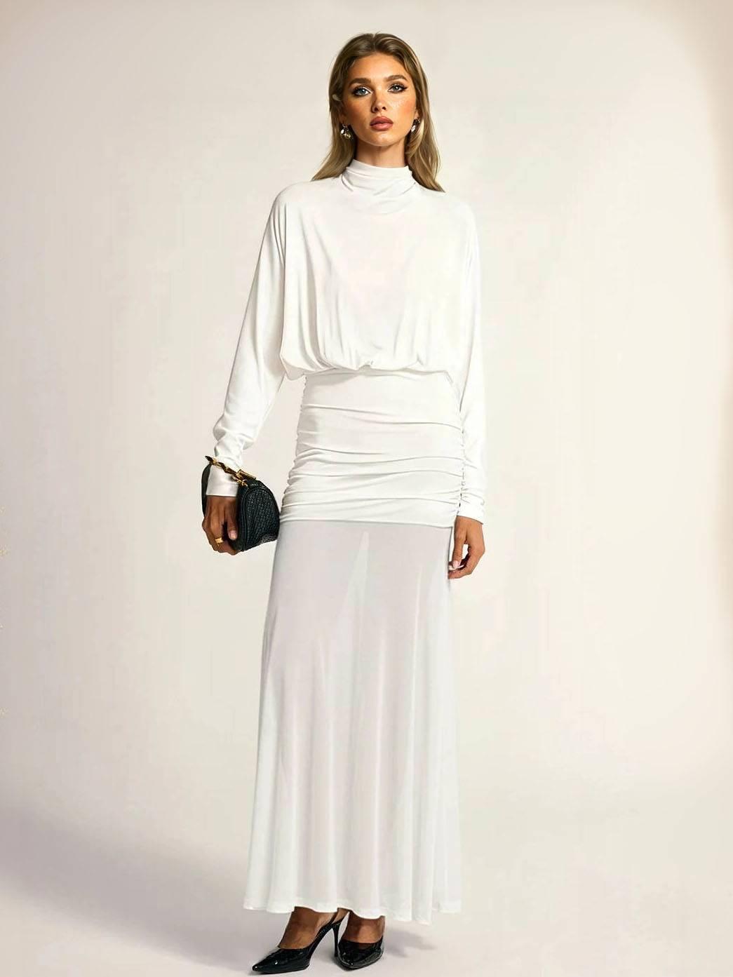 Aurohaya Fake two-piece hip-wrapped Tulle Splicing Maxi Dress White