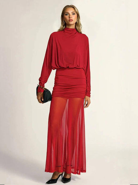 Aurohaya Fake two-piece hip-wrapped Tulle Splicing Maxi Dress Red