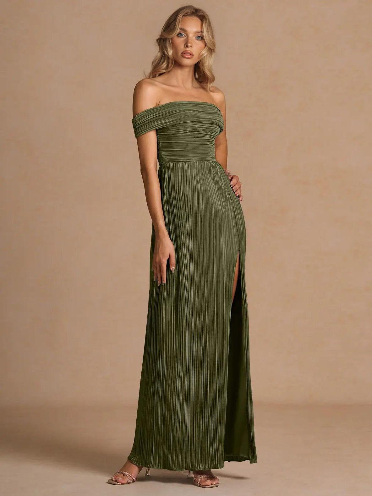 Aurohaya Elegant Off-The-Shoulder Pleated Slit Maxi Dress