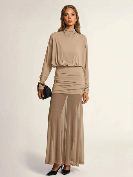Aurohaya Fake two-piece hip-wrapped Tulle Splicing Maxi Dress Khaki