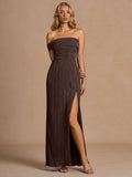 Elegant Off-The-Shoulder Pleated Slit Maxi Dress