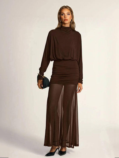 Aurohaya Fake two-piece hip-wrapped Tulle Splicing Maxi Dress Brown