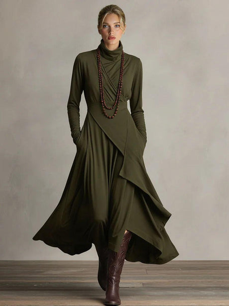 Aurohaya Elegant High-Neck Draped Asymmetrical Maxi Dress Dark Green