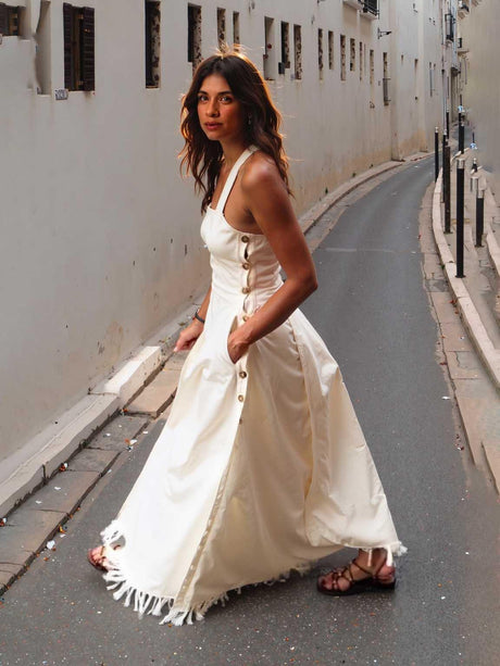 Aurohaya Elegant Square Neck Side Button Sleeveless Maxi Dress