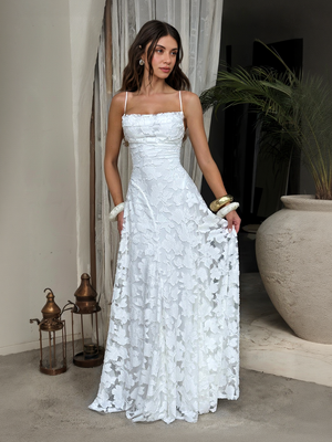 Aurohaya Elegant Floral Lace Spaghetti Strap Maxi Dress White