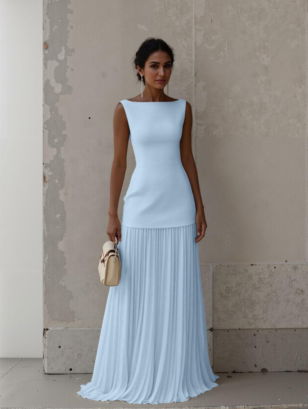 Aurohaya Elegant Pleated Classic Boat Neck Pleated Maxi Dress Blue