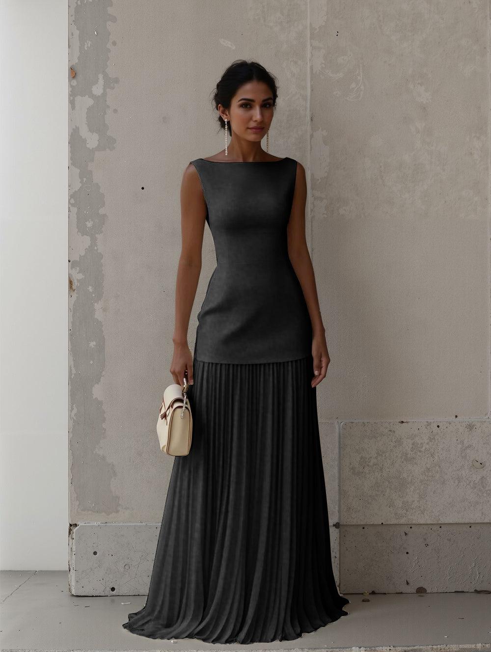 Aurohaya Elegant Pleated Classic Boat Neck Pleated Maxi Dress Black