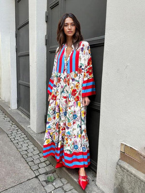 Aurohaya Resort Floral Print Bell Sleeve Maxi Dress