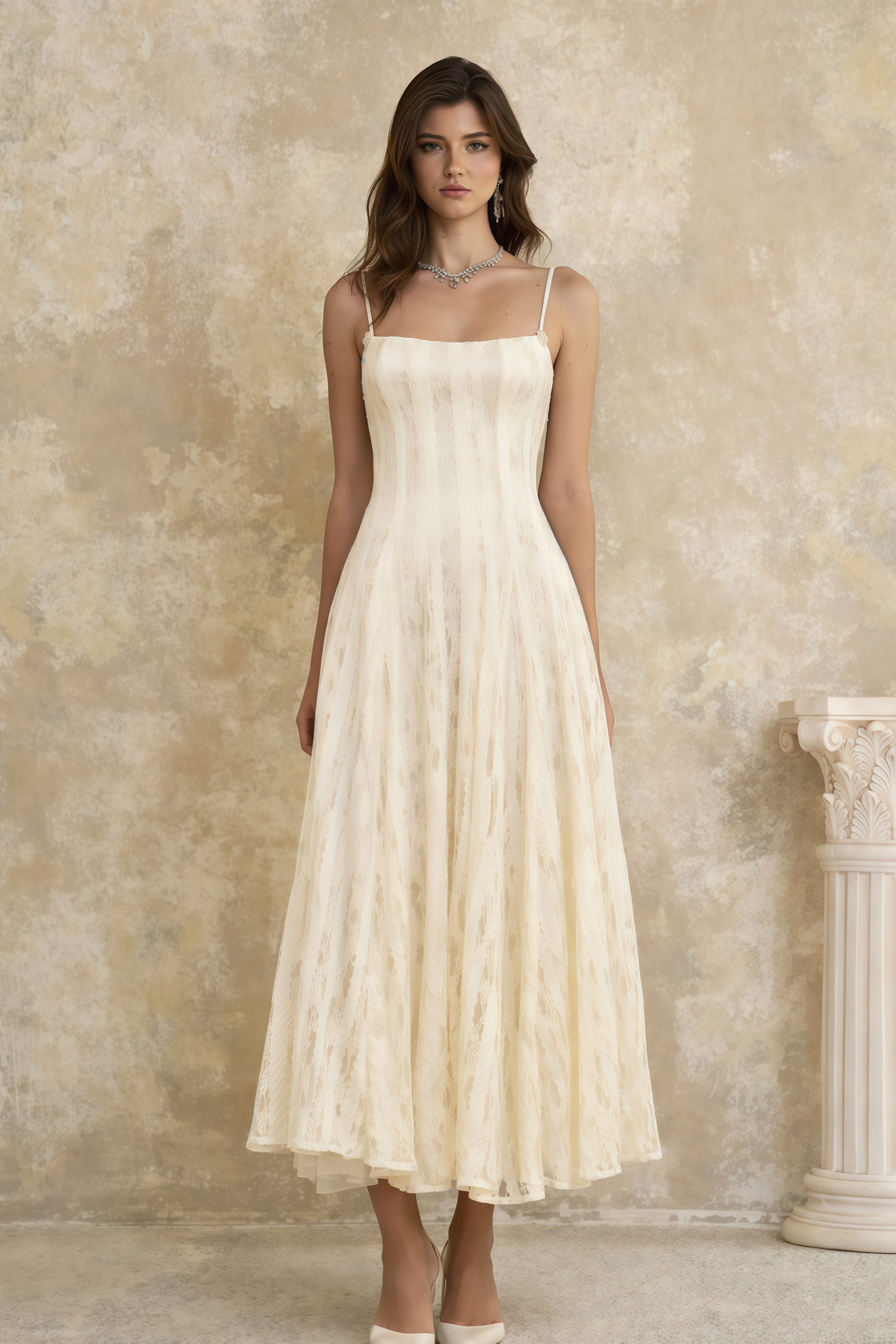 Aurohaya Coralie White Pleated Lace Midi Dress