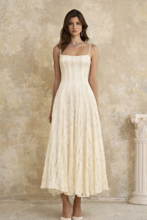 Aurohaya Coralie White Pleated Lace Midi Dress