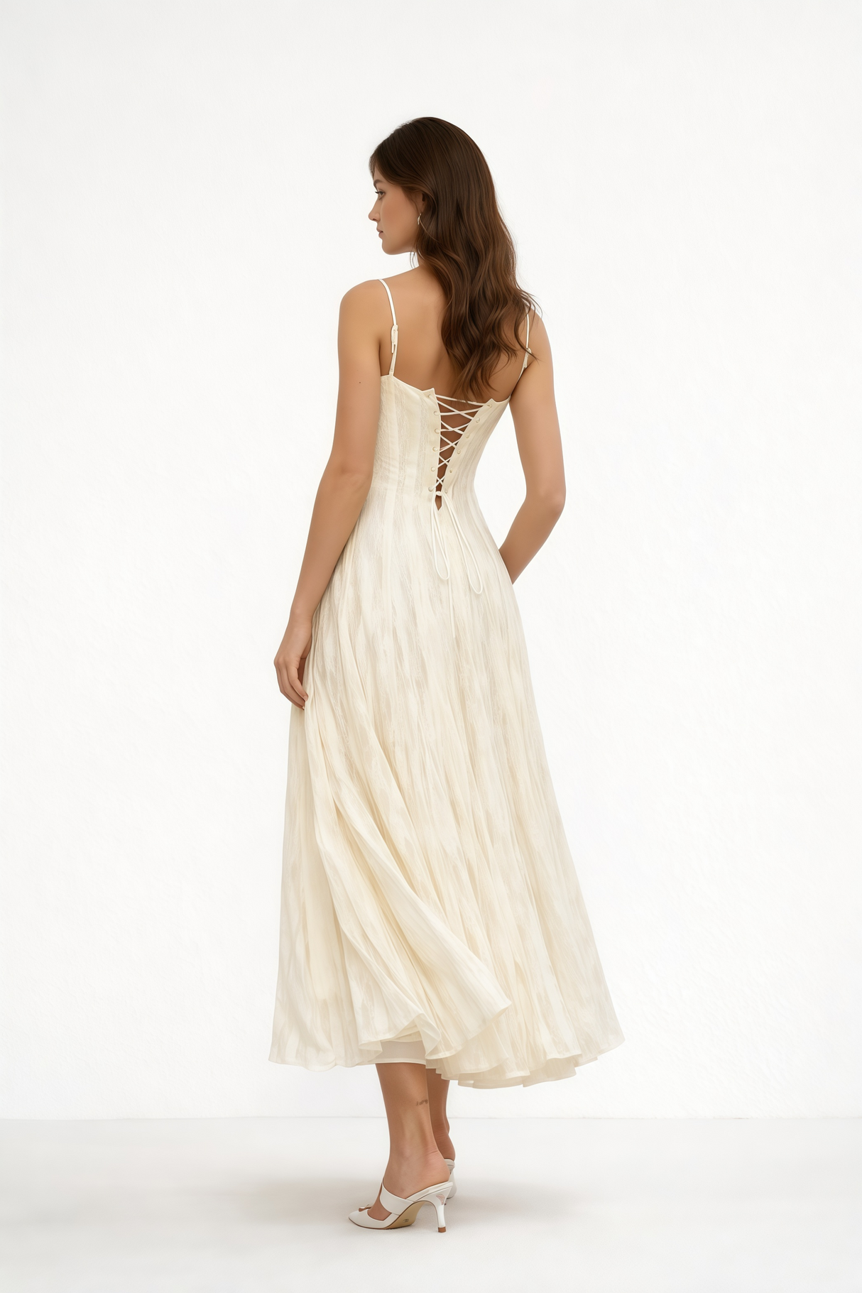 Aurohaya Coralie White Pleated Lace Midi Dress