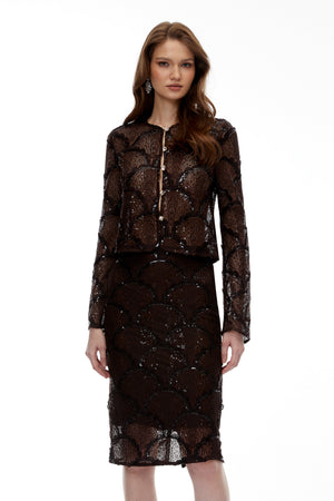 Aurohaya Cordelia Chocolate Brown Lace Top & Skirt Set