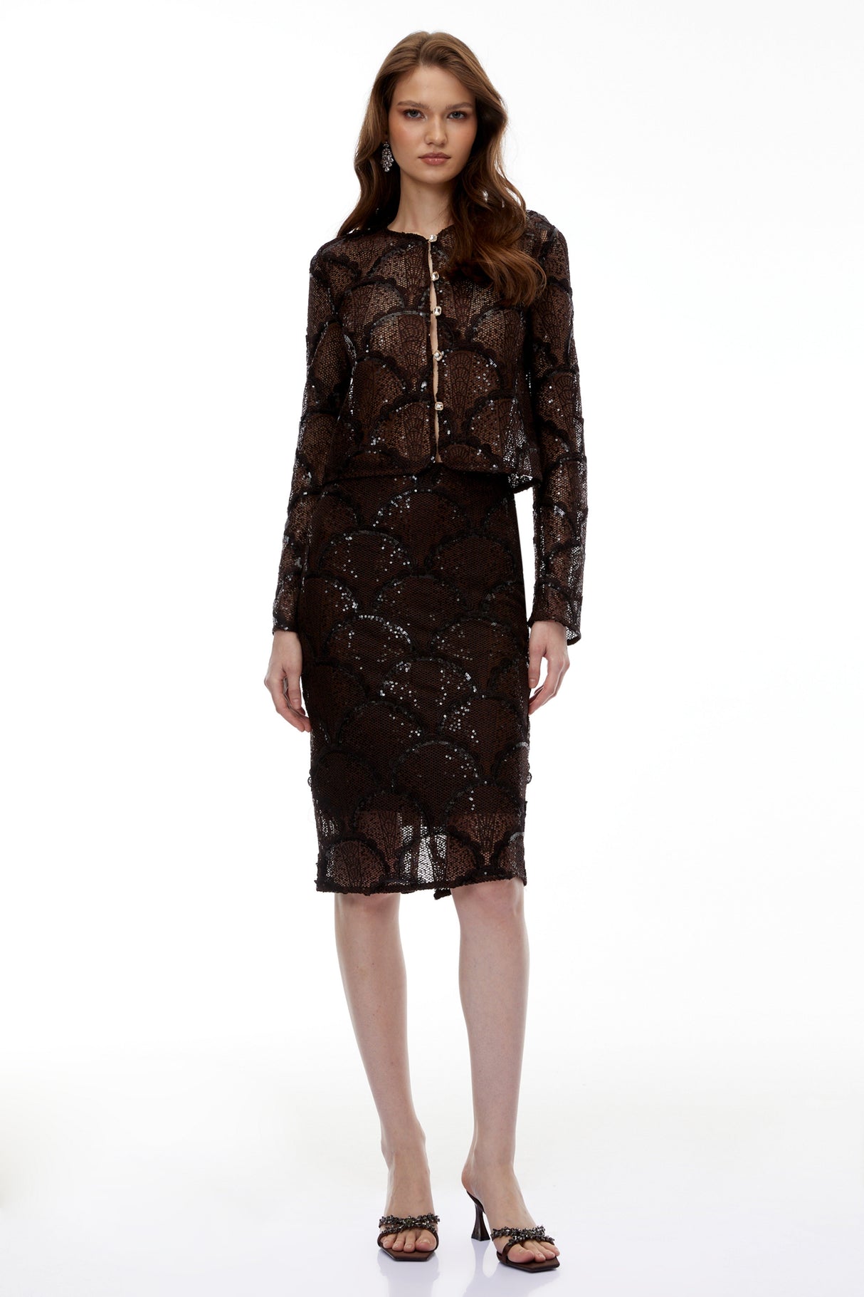 Aurohaya Cordelia Chocolate Brown Lace Top & Skirt Set