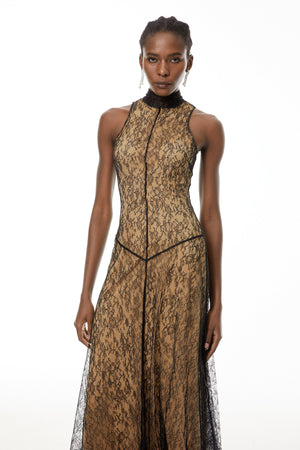 Aurohaya Cosmina Black Halterneck Floral Lace Maxi Dress