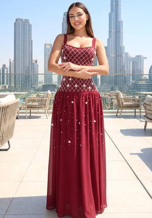 Crystal Embellished A Line Maxi Dress Dark Red