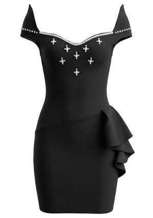Crystal Bardot Ruffle Detail Dress Black