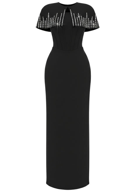 Crystal Cape Detail Maxi Dress Black