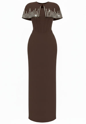 Crystal Cape Detail Maxi Dress Brown
