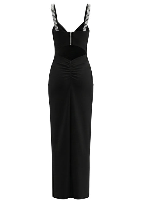 Crystal Embellished V Neck Maxi Dress Black