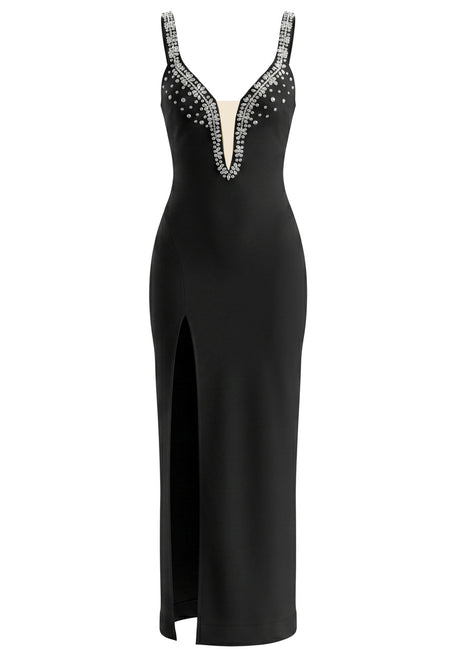 Crystal Embellished V Neck Maxi Dress Black