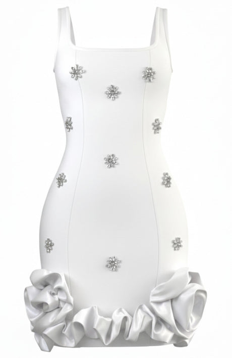 Crystal Embellished Floral Bubble Detail Dress White