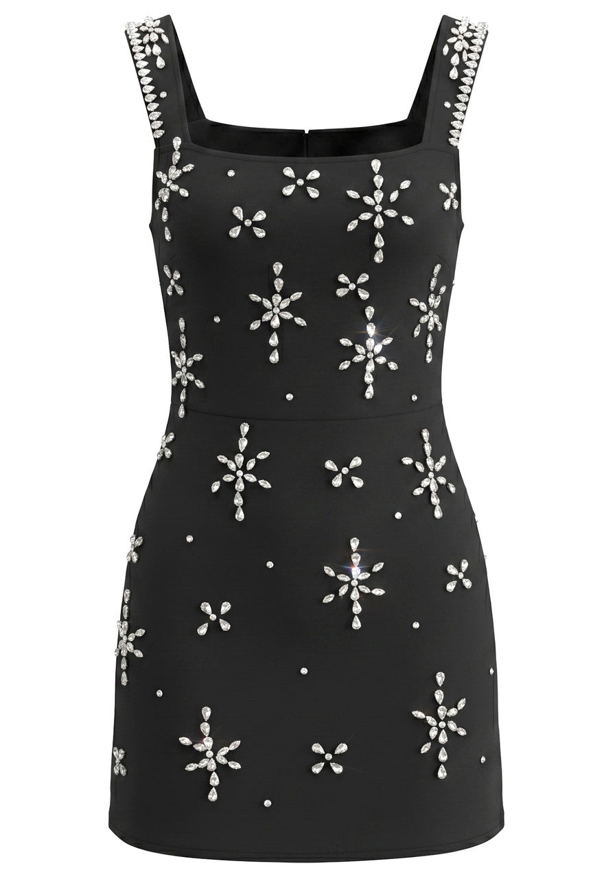Crystal Embellished Mini Dress Black