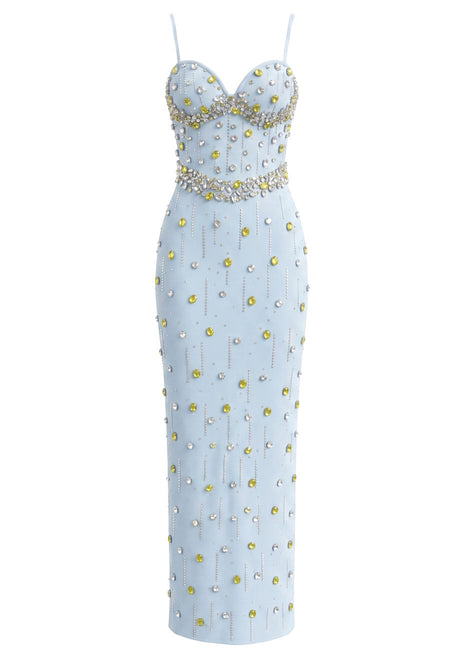 Crystal Embellished Bustier Maxi Dress Blue