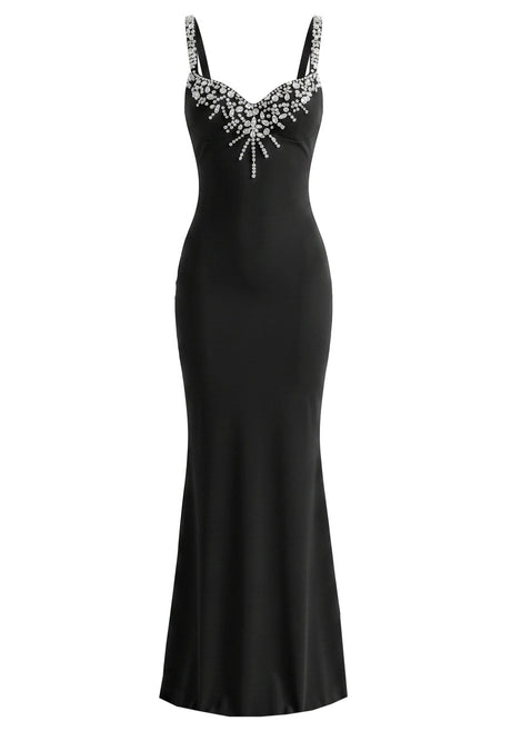 Crystal Embellished Front Maxi Dress Black