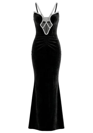 Crystal Straps Maxi Velvet Dress Black