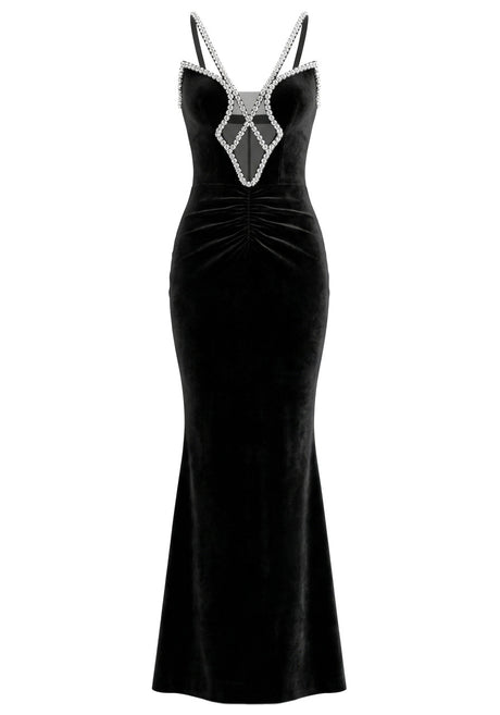 Crystal Straps Maxi Velvet Dress Black