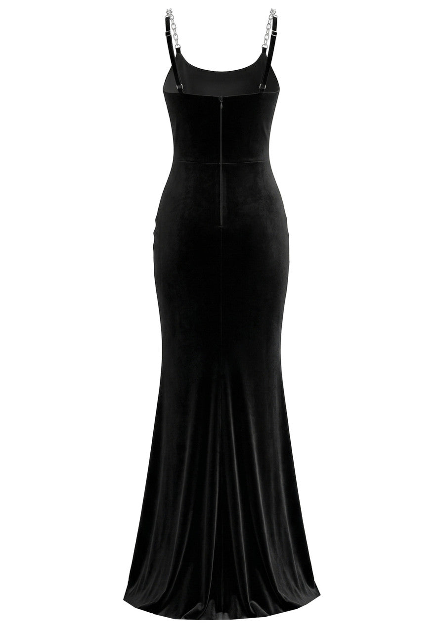 Crystal Straps Maxi Velvet Dress Black